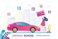 Happy woman student who got driving license. Concept of driving school, education and drive lesson. Female character near modern Royalty Free Stock Photo