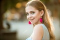 Happy woman with stylish makeup and long blonde hair. summer fashion woman. Perfect female. Beauty and fashion look of Royalty Free Stock Photo