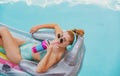 Happy woman summer vacation. Girl in swimmsuit. Summer lady on inflatable mattress. Royalty Free Stock Photo