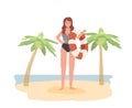 happy woman in swim suit holding swim ring, life ring on the beach. Flat vector illustration Royalty Free Stock Photo