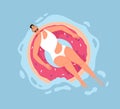 Happy woman swimming in pool water with inflatable donut ring. Person enjoying summer on rubber doughnut. Top view of