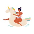 Happy woman in a swimsuit floats on an inflatable unicorn float in the sea. Hand drawn female character in a summer pool or at a