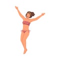 Happy woman in swimsuit jumping person in swimwear