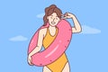 Happy woman in swimsuit for sunbathing and swimming in ocean rejoices summer vacation