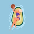 Happy woman in swimwear floating on rubber avocado ring. Top view of person playing with ball, swimming on inflatable