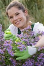 happy woman taking care flowers Royalty Free Stock Photo