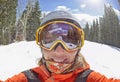 Happy woman taking selfie on winter in Carpathian Mountains, Bukovel