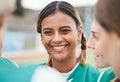 Happy, woman and team talking in sports, game or conversation in circle and match advice on soccer field. Football Royalty Free Stock Photo