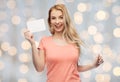 Happy woman or teen girl with blank white paper Royalty Free Stock Photo