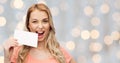 Happy woman or teen girl with blank white paper Royalty Free Stock Photo