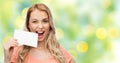 Happy woman or teen girl with blank white paper Royalty Free Stock Photo