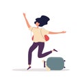 Happy woman throw her luggage and run to meet her loved one