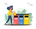 Happy woman throws away trash into trash bin with recycling symbol. Garbage Ecology and recycle concept. Utilize waste Royalty Free Stock Photo