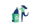 Happy woman throws away trash into green trash bin with recycling symbol. Vector illustration isolated from background. Royalty Free Stock Photo