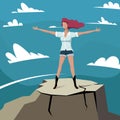 Happy Woman on top of a Mountain. Success concept