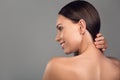 Happy woman touching bare neck Royalty Free Stock Photo