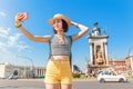 Woman tourist making selfie photo at the Spain Square in Barcelona city. Travel and summer vacation in Europe Royalty Free Stock Photo