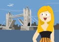 Happy woman tourist near Tower Bridge in London