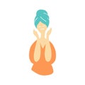 Happy woman in towel smiles after bath. SPA, beauty, cosmetology concept. Hand drawn doodle vector illustration