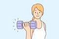 Happy woman training with dumbbells