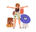 Happy woman with travel bags, suitcases for vacation trip. Smiling excited girl in sunglasses standing with summer