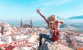 Happy woman traveling in Spain- Jaen city