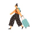 Happy woman traveling with suitcase and backpack. Tourist pulling her luggage. Passenger walking with baggage. Colored