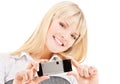 Happy woman using phone camera Royalty Free Stock Photo