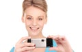 Happy woman using phone camera Royalty Free Stock Photo