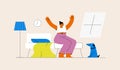 Happy woman waking up in morning. Person sitting on bed and stretching arms. Flat vector illustration, wellness concept