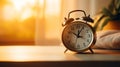 A happy woman waking up to a good day with a closeup alarm clock and sunlight in the morning