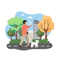 Happy woman walking with dog in city park and using mobile phone, flat vector illustration. Smartphone addiction.