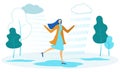 Smiling Happy Woman Walking under Rain Cartoon