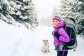 Happy woman walking in winter forest with dog Royalty Free Stock Photo