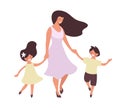 Happy woman walks with children. Mom dancing with her daughter and son, mother s day card, happy family. Flat vector Royalty Free Stock Photo