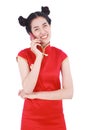 happy woman wear cheongsam and using mobile phone isolated on white background Royalty Free Stock Photo
