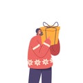 Happy Woman Wear Warm Sweater Holding Big Gift Box Wrapped With Festive Bow. Surprised Female Character Receive Present