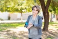 Happy Woman With Wearable Computer Making Eye Contact