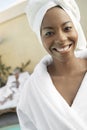 Happy Woman Wearing Bathrobe In Dayspa Royalty Free Stock Photo