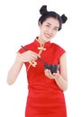 Happy woman wearing chinese cheongsam dress with chopsticks and Royalty Free Stock Photo