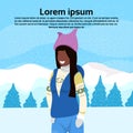 Happy woman wearing winter clothes girl standing over fir tree snowy mountain landscape female cartoon character