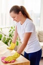 Happy woman in white shirt and yellow protective rubber gloves cleaning at home and wiping dust on wood tablel with spray and rag Royalty Free Stock Photo