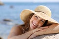 Happy woman with white smile looking sideways on vacations