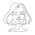 Happy Woman Winks One Line Art Portrait. Joyful Female Facial Expression. Hand Drawn Linear Woman Silhouette