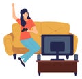 Happy woman winner with joystick in hand, palying video game at tv screen, relaxing playing games