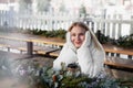 Happy woman winter portrait with hot drink Royalty Free Stock Photo