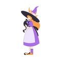 Happy Woman Witch at Halloween Party Standing in Pointed Purple Hat and Black Cat Vector Illustration Royalty Free Stock Photo