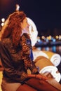 Happy woman wondering in Budapest night panorama Royalty Free Stock Photo