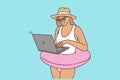 Happy woman work on laptop on beach Royalty Free Stock Photo