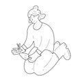 Happy woman working in garden, isolated doodle hand drawn illustration, vector sketch drawing, cute cartoon character